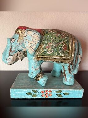 Hand-Painted Turquoise Wooden Elephant Figurine